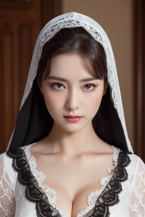 top-quality,Beautiful detailed nun,Bewitching face,long lashes,Long and dressed in lace dresses,Detailed details,huge tit,With cleavage,looking away from camera、palatial palace、