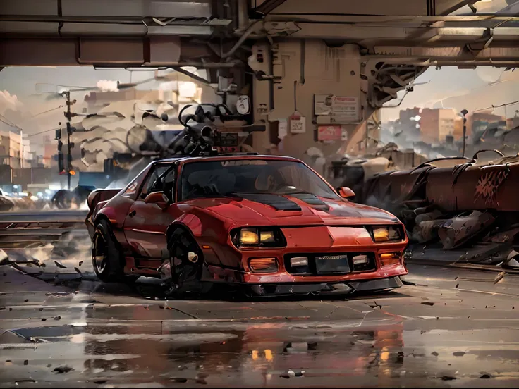 1988 camaroirocz, red car, two hidden machine guns in front bumper, racing in New York subway rail tracks, gritty lighting, action photo, solo, cowboy shot, zeekars