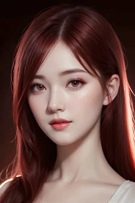 1girl, star eye, blush, perfect illumination, red hair, red eyes, unreal engine, sidelighting, detailed face, bangs, bright skin, simple background, dark background,