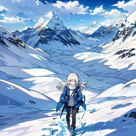 quadratic element，White hair，Blue pupil，Travel clothing，Put your hands in your pockets，Snowy mountains in background，Quality HD，long whitr hair，teens girl，Beautiful background，epic sense