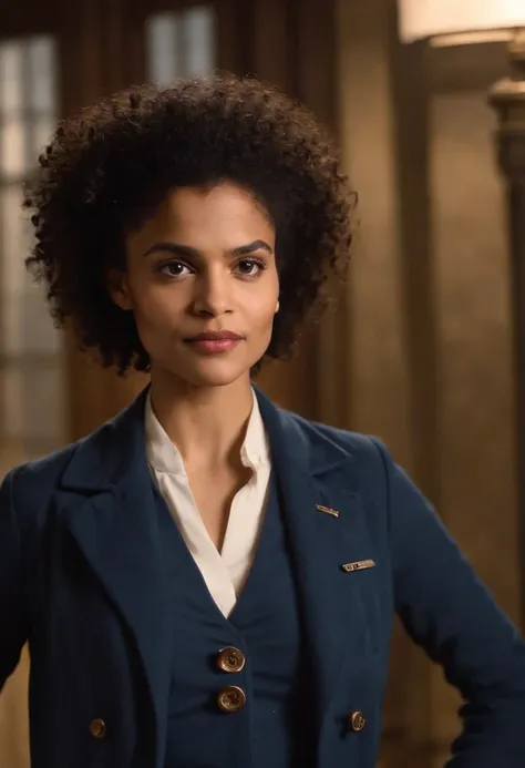 Imagem detalhada de zazie beetz como personagem "The Doctor", do show Doctor Who, Ao fundo a TARDIS, leve sorriso, peircing no naris, medium size curly hair, regeneracao, totalmente vestido, Navy blue coat with two large buttons side by side on the front, ...