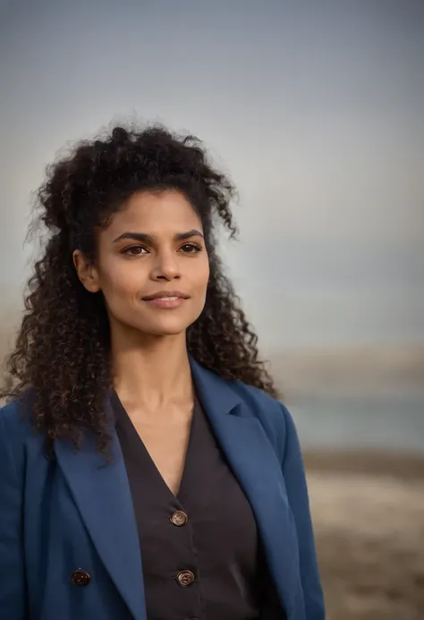 Imagem detalhada de zazie beetz como personagem "The Doctor", do show Doctor Who, Ao fundo a TARDIS, leve sorriso, peircing no naris, medium size curly hair, regeneracao, totalmente vestido, Navy blue coat with two large buttons side by side on the front, ...