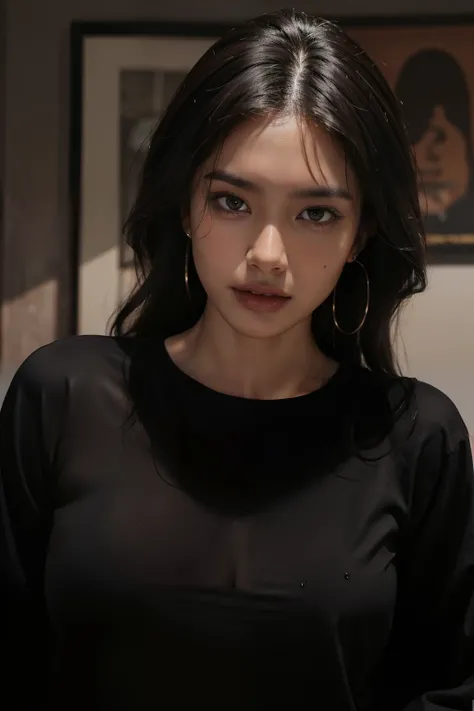 1 women caramelized skin, dark brown hair and eyes, muscular semi, oversized black shirt, funny septum ring and ear piercing wallpaper, ultra detailed, aesthetic, masterpiece, best quality, photorealistic