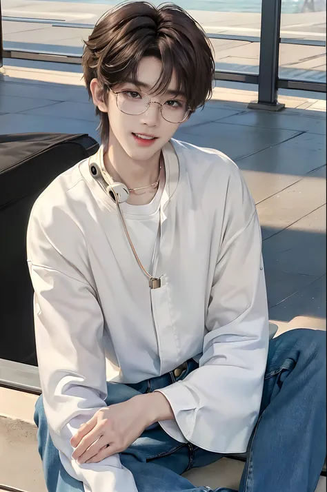 ((4K works))、​masterpiece、（top-quality)、((high-level image quality))、((One Manly Boy))、Slim body、((Attractive and sexy fashion))、((Mens Fashion))、((wears glasses))、(Detailed beautiful eyes)、In a fashionable city、Sitting on the curb and listening to music、F...