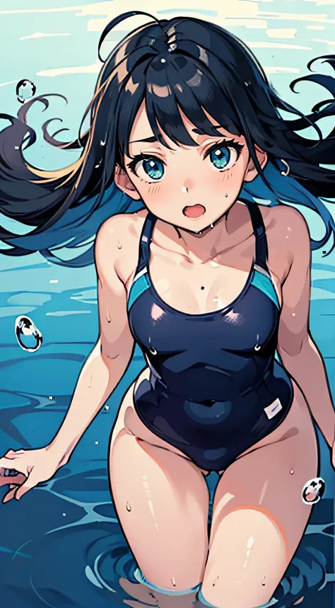 ((Mastepiece, top quality)), (solo), distant gaze, narrow eyes, blue hair, outward bouncing tips, flat chest, waist length hair, calm heart, tall, floating in water, wet in water, slim thighs, navy blue swimsuit for Japanese class, teen girl, big dark blue...