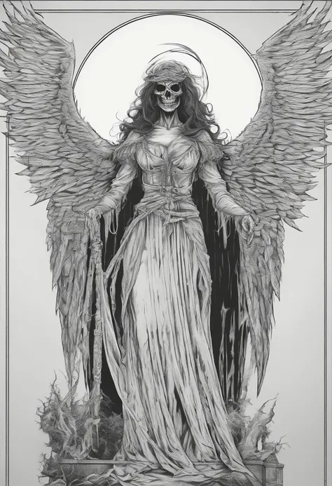 Blindfolded female angel of death, in the style of a coloring page, clean line art, clear line art, thick outline, white background, black and white, no color, coloring book page, coloring page, line art, dark lines