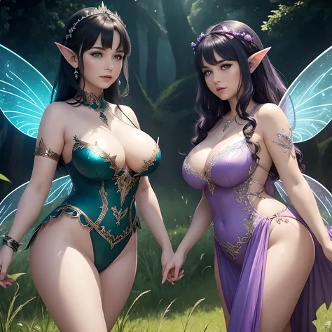 Two sexy mature chubby fairies with pointed ears and elaborate wings. They are wearing elegant revealing dresses. One fairy has light-purple skin and black hair. The other fairy has pale-green skin and blonde hair. They are both floating in the air at nigh...