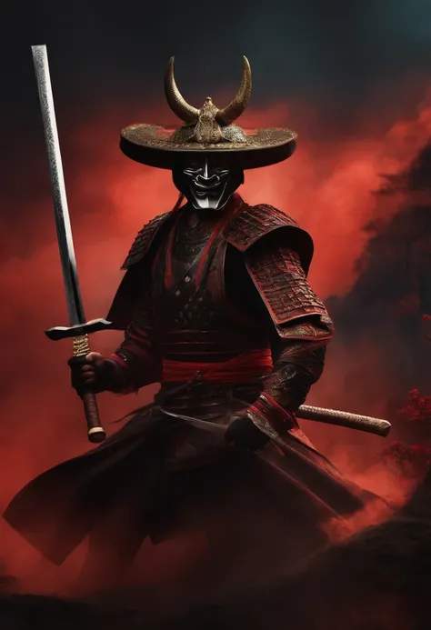 create a fearless samurai, with hat, demon mask wielding a katana sword