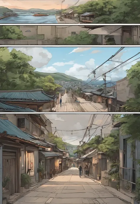 comic strip，Hong Kong comic book style，Fengyun comic style，（（（Comic storyboard））），Two-dimensional picture，Estilo de Makoto Shinkai，Makoto Shinkai manga art，teens girl，The narrow streets of the town，starrysky，vibrant with colors，super-fine，Smooth lines，high...