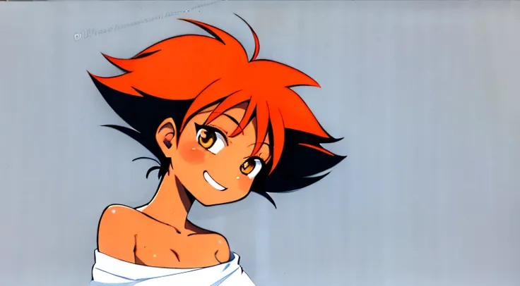 beautiful, masterpiece, simple background, best quality, Edward, tomboy, tan skin, orange hair, spiked hair, brown eyes, goggles on head, midriff, white shirt, loose shirt, off shoulder, barefoot, bike shorts, detailled image, colorfull, vibrant colors, si...