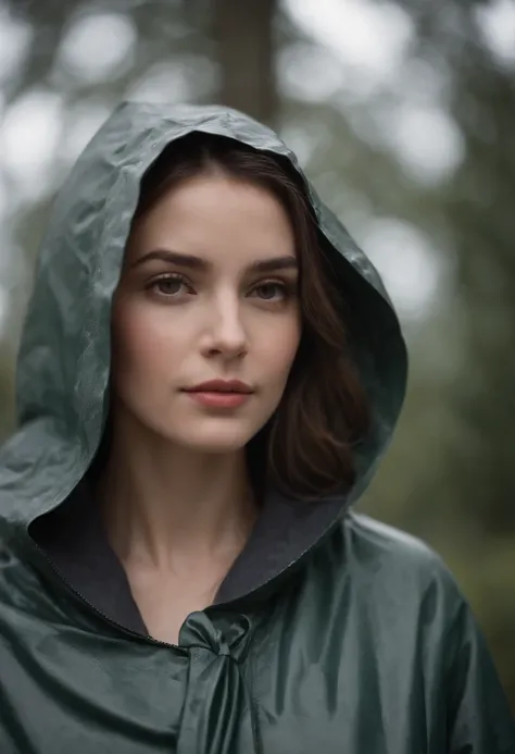 a woman wearing raincoat, in the style of detailed atmospheric portraits, uhd image, serene faces, dotted, close-up, romantic chiaroscuro, classical portraiture  --ar 245:368 --v 5.1 --style raw