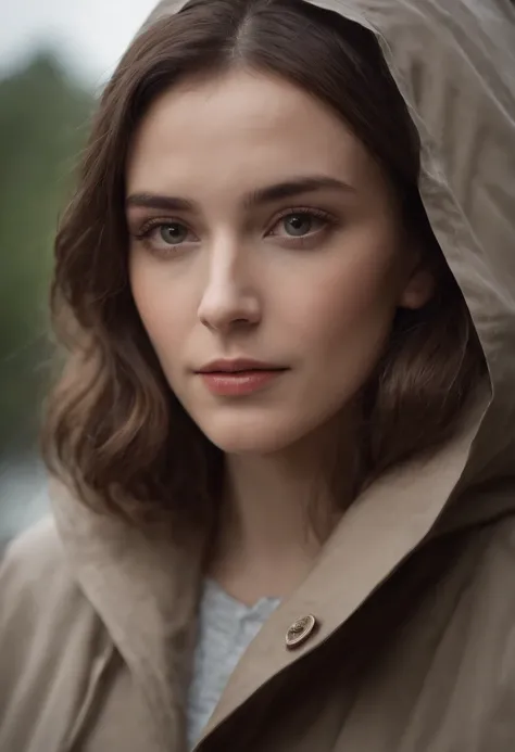 a woman wearing raincoat, in the style of detailed atmospheric portraits, uhd image, serene faces, dotted, close-up, romantic chiaroscuro, classical portraiture  --ar 245:368 --v 5.1 --style raw