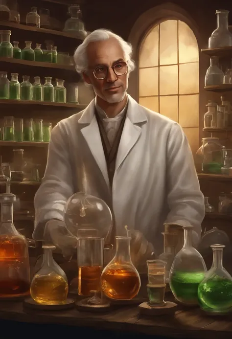 arafed man in a lab holding a glass with a liquid inside, he is in a alchemist lab, mad scientist working, portrait of a rat mad scientist, poetic sequence in mr. clean, russian lab experiment, elite scientist, portrait of a male hydromancer, scientist, in...