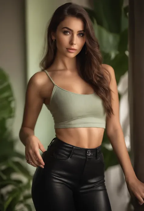 arafed woman with a white tank top and a necklace, sexy girl with green eyes, portrait sophie mudd, brown hair and large eyes, selfie of a young woman, bedroom eyes, violet myers, without makeup, natural makeup, looking directly at the camera, face with ar...