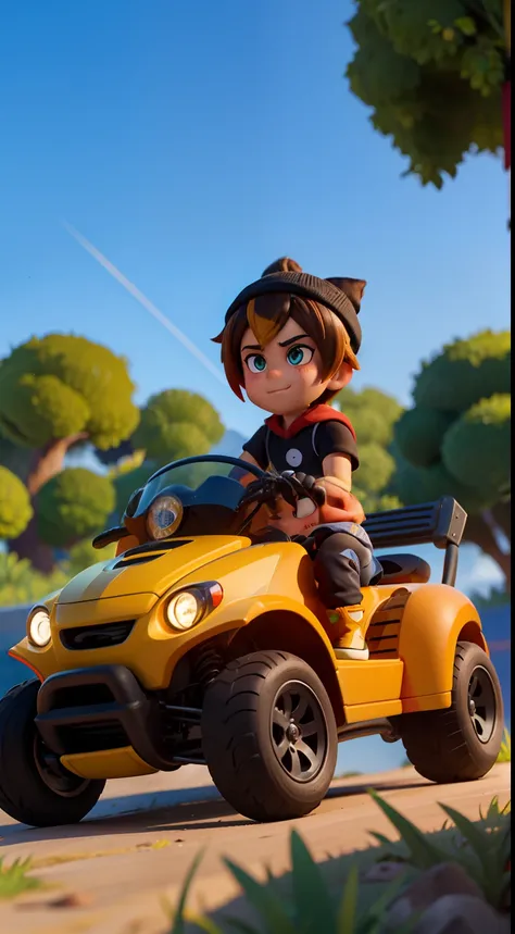 Personajes de Genshin impact Zhongli con ropa deportiva tipo de carreas arriba de un automovil estilo cartoon color negro con toques dorados y de fondo en una autopista estilo cartoon muy similar a CTR de crash team racing, con un toque muy disney, autos d...