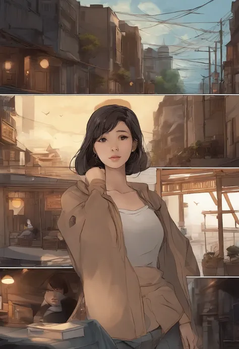 comic strip，Hong Kong comic book style，Fengyun comic style，（（（Comic storyboard））），Two-dimensional picture，Estilo de Makoto Shinkai，Makoto Shinkai manga art，teens girl，The narrow streets of the town，starrysky，vibrant with colors，Hyper-realistic，Ultra photo ...