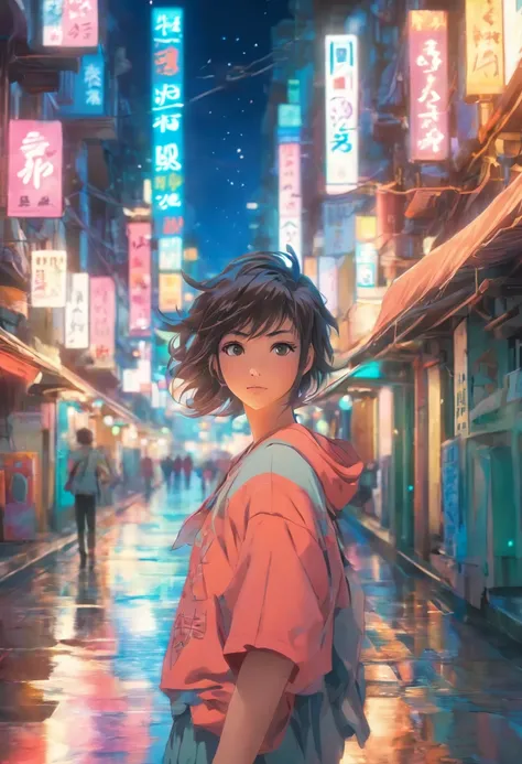 comic strip，Hong Kong comic book style，Fengyun comic style，（（（Comic storyboard））），Two-dimensional picture，Estilo de Makoto Shinkai，Makoto Shinkai manga art，teens girl，The narrow streets of the town，starrysky，vibrant with colors，Hyper-realistic，Ultra photo ...