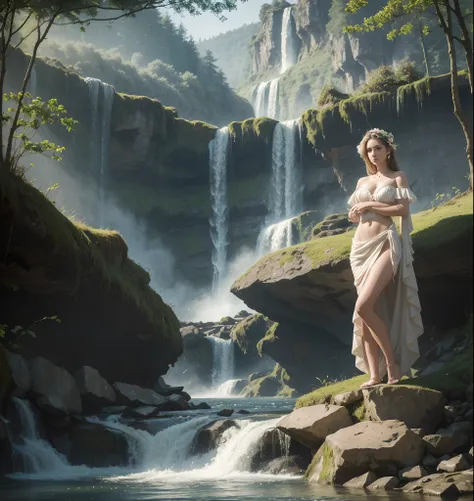 portrait, looking at viewer, water nymph rising from water, beautiful lake, neutral expression, forest in background, waterfalls, castle in distance, digital art, best quality