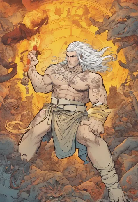 YOUNG MAN WITH STRAIGHT WHITE HAIR WITH YELLOW EYES WITH TATTOOS OF WRITING IN PORTUGUESE AND SUMERIAN BY THE BODY. PALAVRAS E FRASES COMO "INFERNO", "PESADELO", "MORTE", "ERA UMA VEZ", "FIM" TATUADAS PELO CORPO INTEIRO