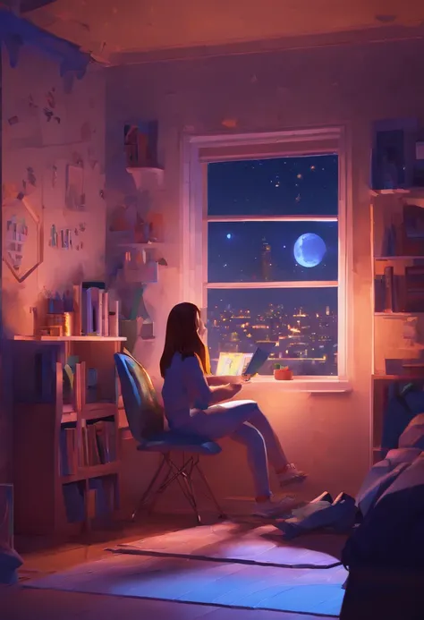 beautiful teenager in her room in the city waring earpads studding a book computer infront stars in window at night time hyper realistic,8k,ultra detailed hd,pixar style,high definition,16:9