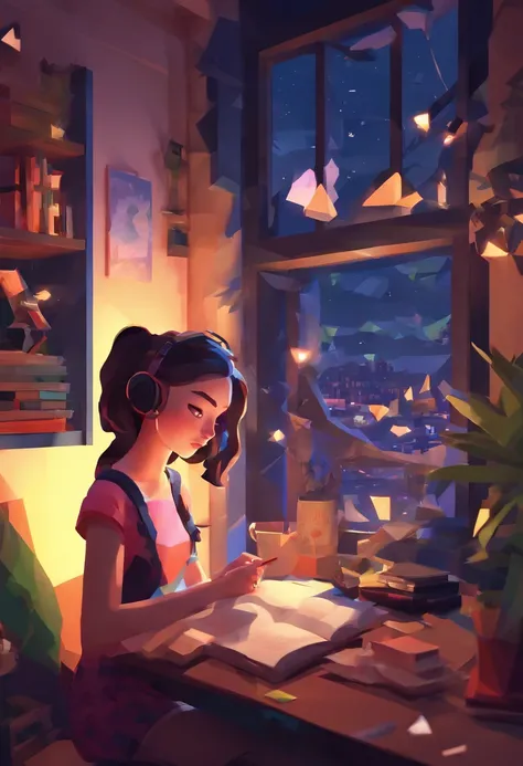 beautiful teenager in her room in the city waring earpads studding a book computer infront stars in window at night time hyper realistic,8k,ultra detailed hd,pixar style,high definition,16:9