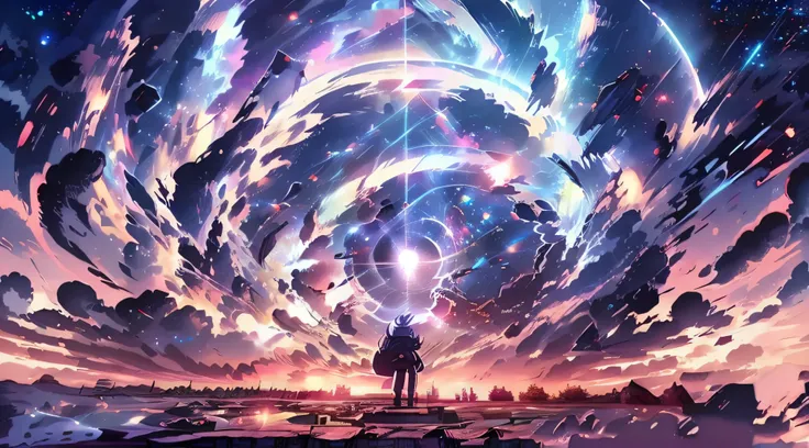 person, standing in front of a space portal overlooking the sun, Cyril Rolando and Goro Fujita, A portal to another universe, inspired by Cyril Rolando, Portal to another dimension, world, visible only through the portal, (blue and purple electricity bolts...