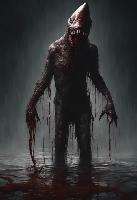 MONSTER MADE OF BLOOD BEING A PUDDLE FROM THE WAIST DOWN AND HAS THE HEAD SHAPED LIKE A HAMMERHEAD SHARK AND IN PLACE OF THE ARMS HE HAS A CLENCHED BLADE.