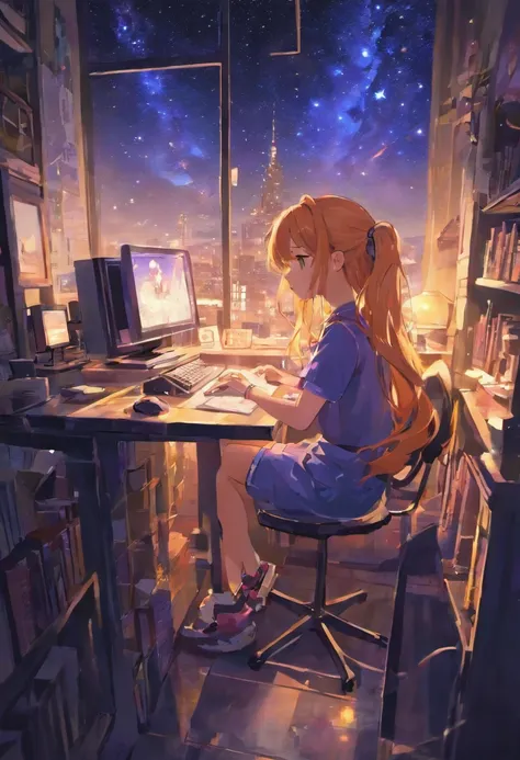 beautiful teenager in her room in the city waring earpads studding a book computer infront stars in window at night time hyper realistic,8k,ultra detailed hd,pixar style,high definition,16:9