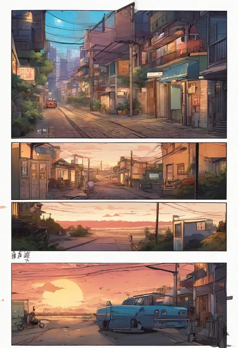 comic strip，Hong Kong comic book style，Fengyun comic style，（（（Cartoon Split））），（（（Comic storyboard））），Two-dimensional picture，Estilo de Makoto Shinkai，Makoto Shinkai manga art，teens girl，The narrow streets of the town，starrysky，vibrant with colors，Hyper-re...