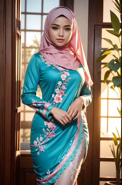 RAW, Best quality, high resolution, masterpiece: 1.3), beautiful Malay woman in hijab,Masterpiece, The art depicts a Malay woman in a hijap  Wearing a wide V-neck dress with lace,pink blous, light blue in color, decorated with intricate patterns and bright...