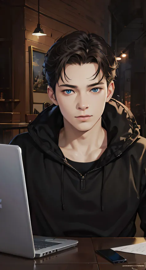 Close up portrait of a person sitting at a laptop table, Realistic art style, Peter Parker,There are many backgrounds、 Being in a pitch-dark room、A warm orange light is pointing at us in a dimly lit room、Alone in the room、youtuber、eyes are slightly lowered...