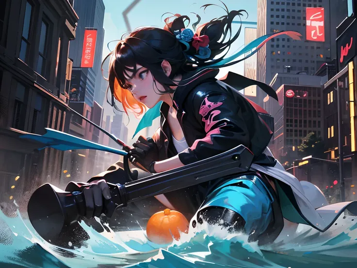 ((Best quality)), ((masterpiece)), ((realistic)), depict Satoru Gojou in his black outfit, with his vibrant blue eyes shining, engaged in a fierce battle amidst an urban cityscape at dusk. The scene should be filled with intense action and dynamic energy, ...