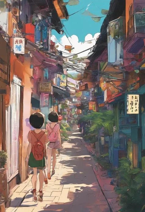 comic strip，Hong Kong comic book style，Fengyun comic style，（（（Cartoon Split））），（（（Comic storyboard））），Two-dimensional picture，Estilo de Makoto Shinkai，Makoto Shinkai manga art，teens girl，The narrow streets of the town，starrysky，vibrant with colors，Hyper-re...