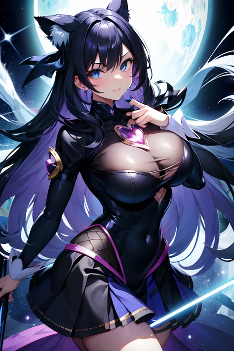 Magical girl, black, blue, smug expression, voluptuous frame