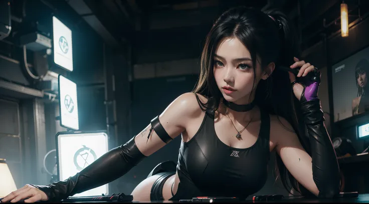 Beautiful hyper-realistic photo of a cute Asian cyberpunk girl, Tragen von Cyberpunk-Tanktop und Oberschenkelhose, Katana halten, bunter neonhintergrund, cluttered Blade Runner background, Dynamische Pose, Konzeptzeichnung, von Brian Froud und Carne Griffi...