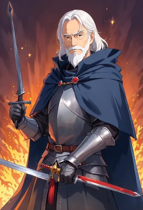 One guy, 55 year old knight with full beard, white hair, white beard, with black cloak, in full medieval plate armor, black cloak, wearing a simple broad brimmed hat, vampire hunter d style, flat, 2d, full body shot, rosary for necklace, catholic, cool pos...