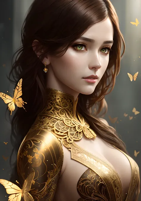 8k portrait of beautiful cyborg with brown hair, intricate, elegant, highly detailed, majestic, digital photography, art by artgerm and ruan jia and greg rutkowski surreal painting gold butterfly filigree, broken glass, (masterpiece, sidelighting, finely d...