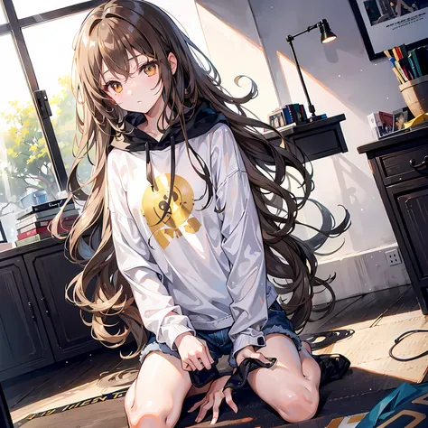 1 girl, long wavy light brown hair, golden eyes, plain white shirt, big black sweatshirt, jean shorts, gamer room, high resolution, ultra-sharp, 8K, masterpiece, looking at viewer