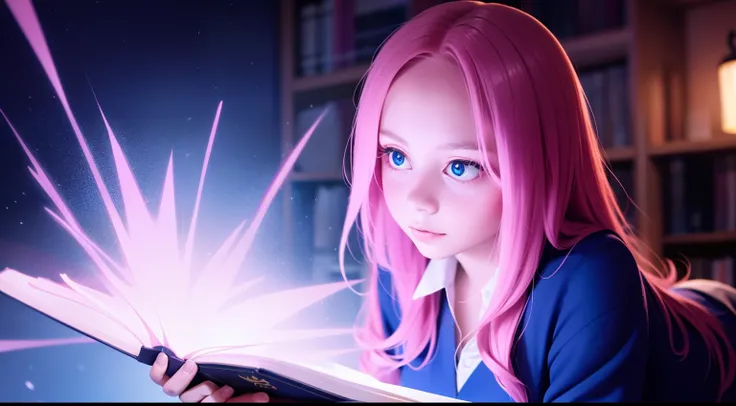 "A Photorealistic High-Quality Anime-Style Girl with Pink Hair, Dressed in a Magical School Uniform with Glowing Runes, Casting Spells in a Magical Library Filled with Ancient Tomes and Mystical Artifacts, taken with an Advanced Enchanted Camera and utiliz...