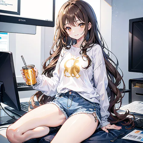 1 girl, smiling, long wavy light brown hair, golden eyes, plain white shirt, big black sweatshirt, denim shorts, beautiful body, medium breasts, small waist, drinking a canned soda, otaku room, playing on the computer , high resolution, ultra-sharp, 8K, ma...