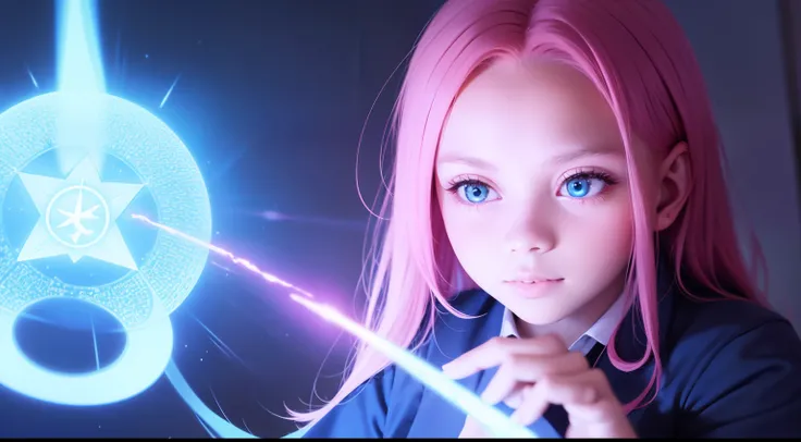 "A Photorealistic High-Quality Anime-Style Girl with Pink Hair, Dressed in a Magical School Uniform with Glowing Runes, Casting Spells in a Magical Library Filled with Ancient Tomes and Mystical Artifacts, taken with an Advanced Enchanted Camera and utiliz...