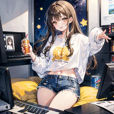 1 girl, sticking out her tongue, long wavy light brown hair, golden eyes, plain white shirt, big black sweatshirt, denim shorts, beautiful body, medium breasts, small waist, drinking a canned soda, otaku room, playing in the computer, high resolution, ultr...