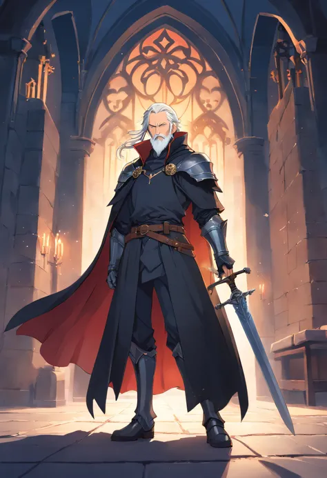 One guy, 55 year old knight with full beard, white hair, white beard, with black cloak, in full medieval plate armor, black cloak, wearing a simple broad brimmed hat, vampire hunter d style, flat, 2d, full body shot, rosary for necklace, catholic, cool pos...