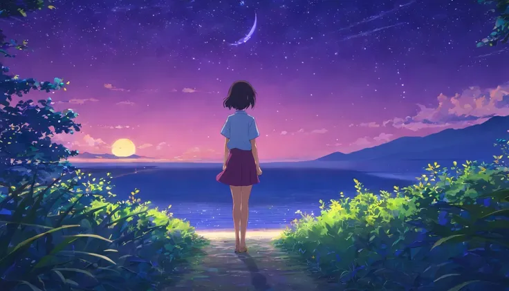 girl, night, deep blue, purple, violet, vight sky, moon, stars, shadows, vegetation, violet bushes, magic, silver light, mistery, dream, adventure, secret, wonder,  masterpiece, best quality, movie still, bright, happy, warm soft lighting, (sparks:0.7)