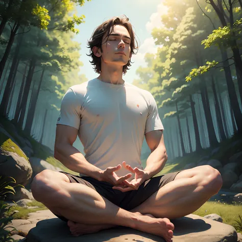 Meditating Man　The background is nature