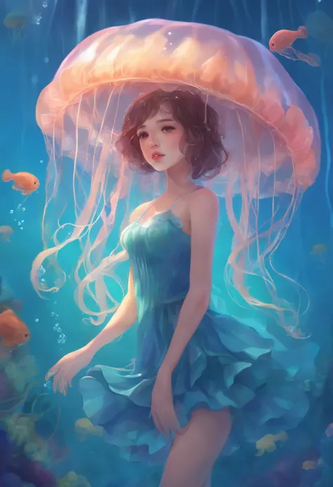 cute girl yeah,flat chest,kawaii,(jellyfish girl:1.2), arms behind back,underwater,frilled dress,