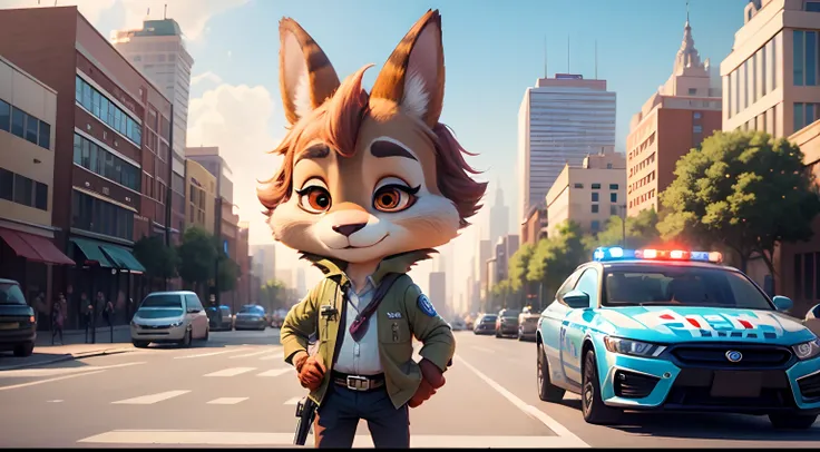 thumbnail, Zootopia, kid, style Zootopia movie, animation, city, horizon, bear with red eyes with king, police car, animation