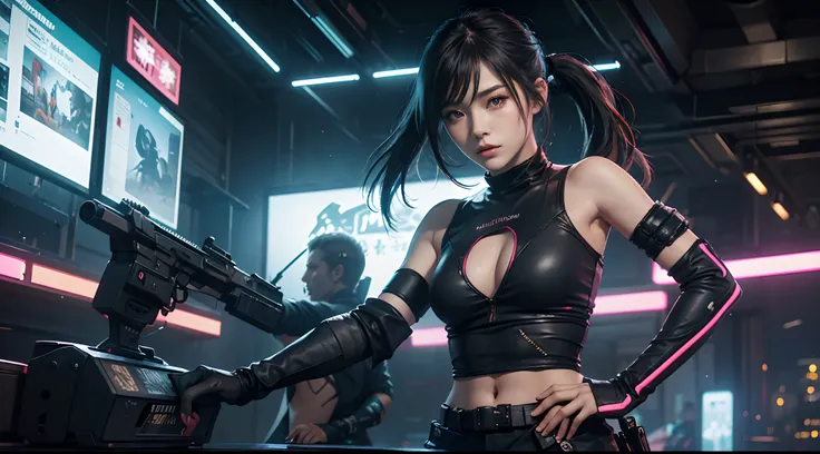 Beautiful hyper-realistic photo of a cute Asian cyberpunk girl, Tragen von Cyberpunk-Tanktop und Oberschenkelhose, Katana halten, bunter neonhintergrund, cluttered Blade Runner background, Dynamische Pose, Konzeptzeichnung, von Brian Froud und Carne Griffi...