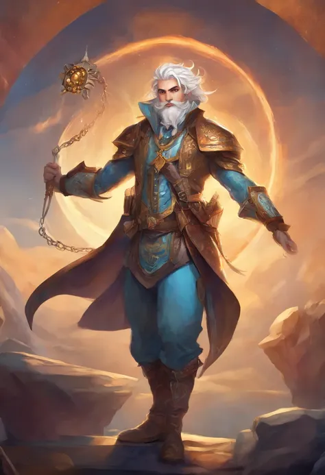 Create an illustration of a male Air Genasi character with light blue skin and white hair. The hair should be faded on the sides and resemble clouds, while the top should be curly. He is dressed in a finely detailed leather armor and wears steam punk goggl...