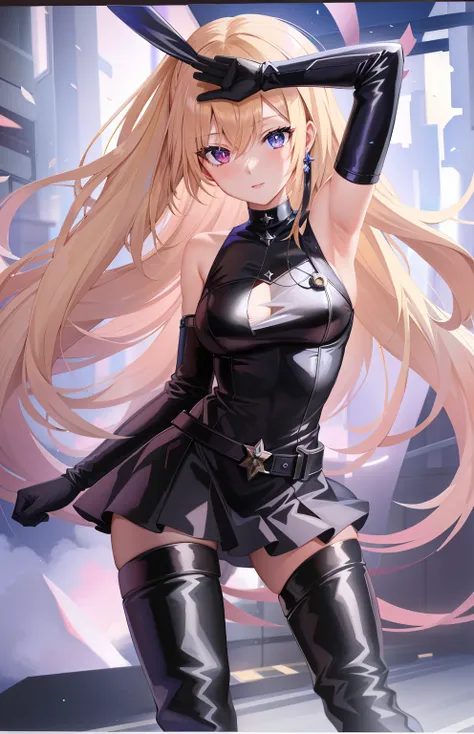 Black wrapped collar，Black high-heeled thigh boots，long black gloves，red pupils，Handsome girl，Anime girl in black leather costume and gloves, Blonde anime girl with long hair, Anime girl wearing black dress, from girls frontline, Badass anime 8 K, Fine det...